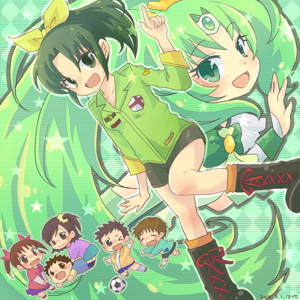3girls, ball, boots, bow, brown_eyes, brown_hair, cure_march, dual_persona, english_flag, green_eyes, green_hair, long_hair, midorikawa_haru, midorikawa_hina, midorikawa_keita, midorikawa_kouta, midorikawa_nao, midorikawa_yuuta, multiple_boys, multiple_girls, open_mouth, pointing, ponytail, precure, shorts, siblings, side_ponytail, sleeves_rolled_up, smile, smile_precure!, soccer_ball, tri_tails, twintails, very_long_hair