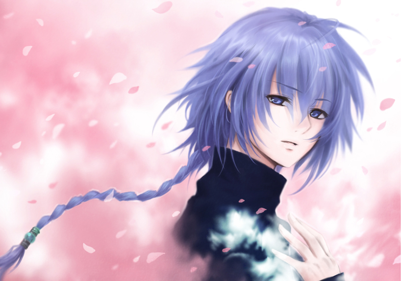 blue_eyes, braid, expressionless, grey_hair, long_hair, male, pink_background, puu_(aiko)