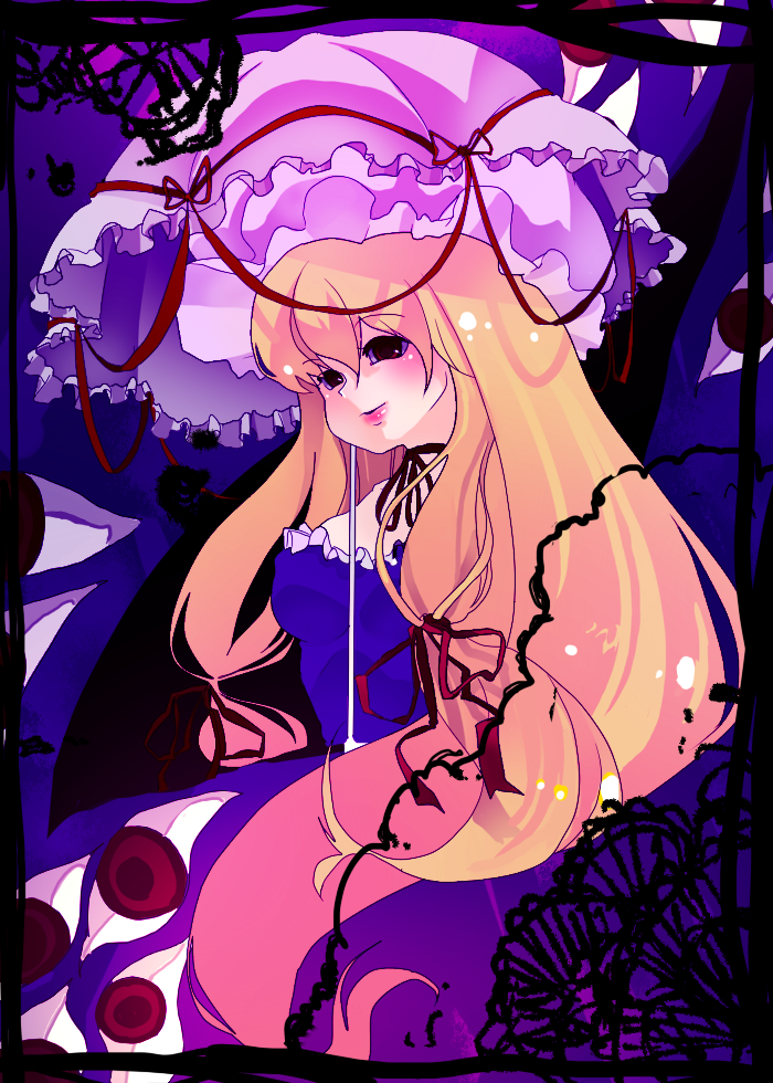 blonde_hair, gap, hat, long_hair, red_eyes, solo, touhou, umbrella, yakumo_yukari, yumeututu