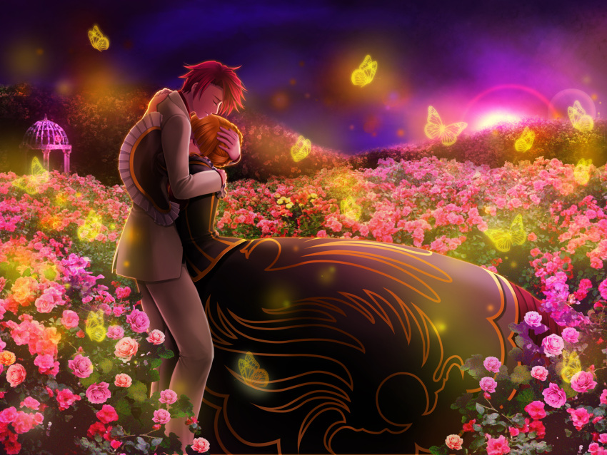 beatrice, butterfly, closed_eyes, highres, hug, moco+, rose, umineko_no_naku_koro_ni