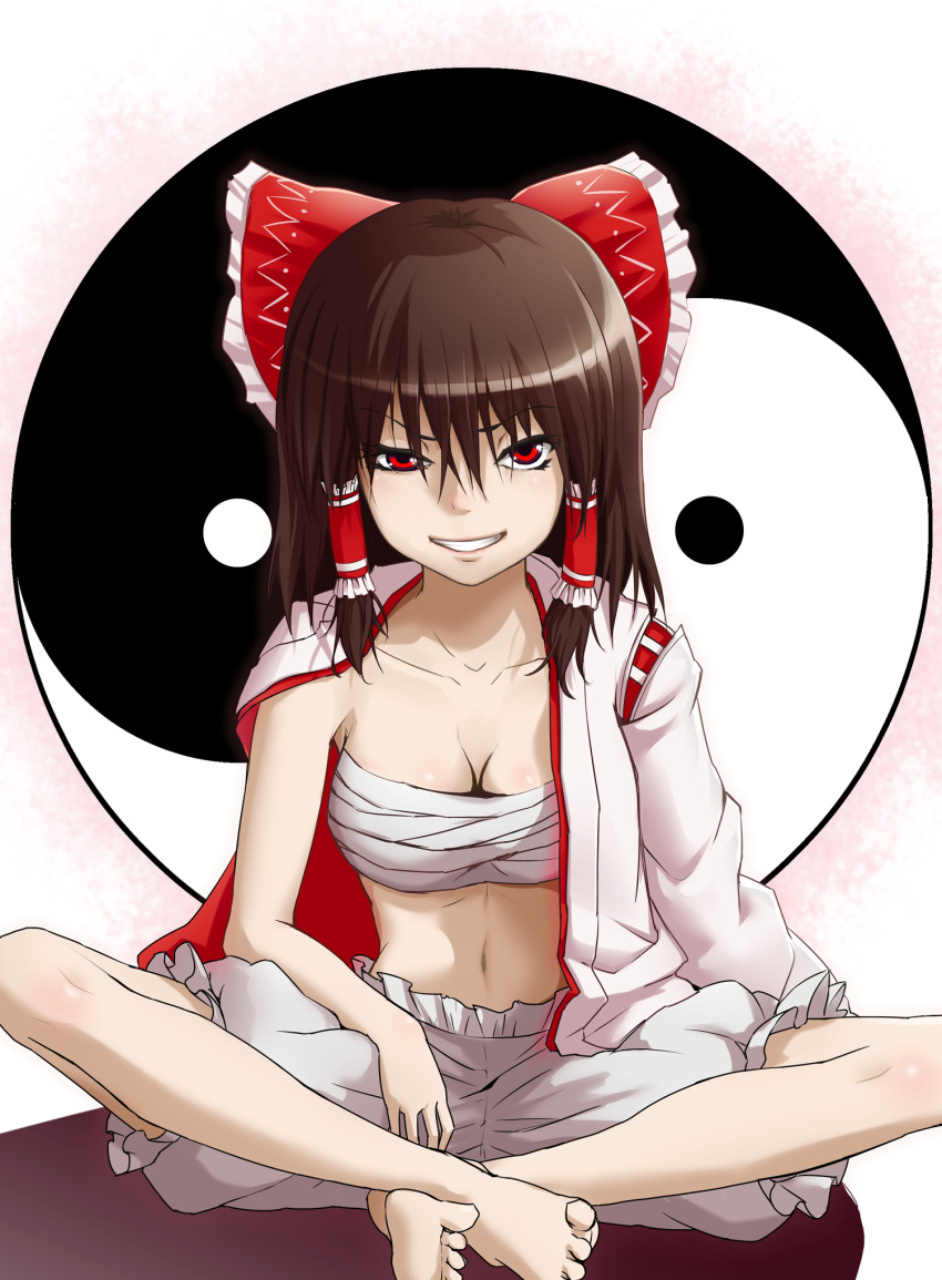 barefoot, bloomers, bow, breasts, brown_hair, cleavage, grin, hair_bow