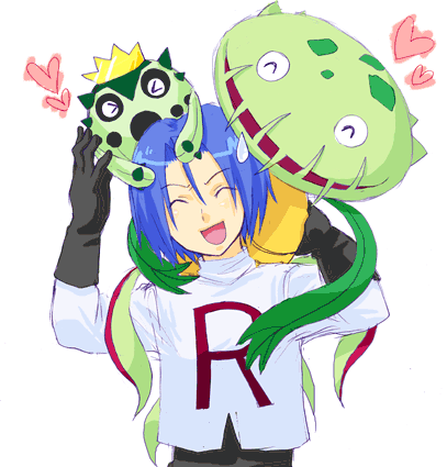 1boy, akaboshi_imoko, blue_hair, cacnea, carnivine, closed_eyes, gloves, heart, hug, kojirou_(pokemon), lowres, male, open_mouth, pokemon, pokemon_(anime), pokemon_(creature), smile, sweatdrop