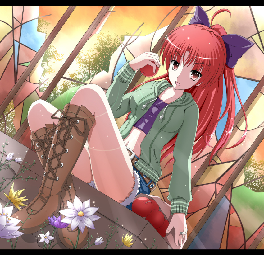 ahoge, apple, belt, boots, bow, broken_glass, cross-laced_footwear, cutoffs