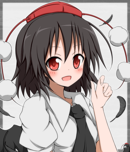 arm_up, black_hair, black_wings, blush, feathers, hat, hat_ribbon, jewelry, karamone-ze, karamoneeze, necklace, open_mouth, pom_pom_(clothes), red_eyes, ribbon, shameimaru_aya, shameimaru_aya_(crow), shirt, short_hair, smile, smilr, solo, tokin_hat, touhou, when_you_see_it, wings