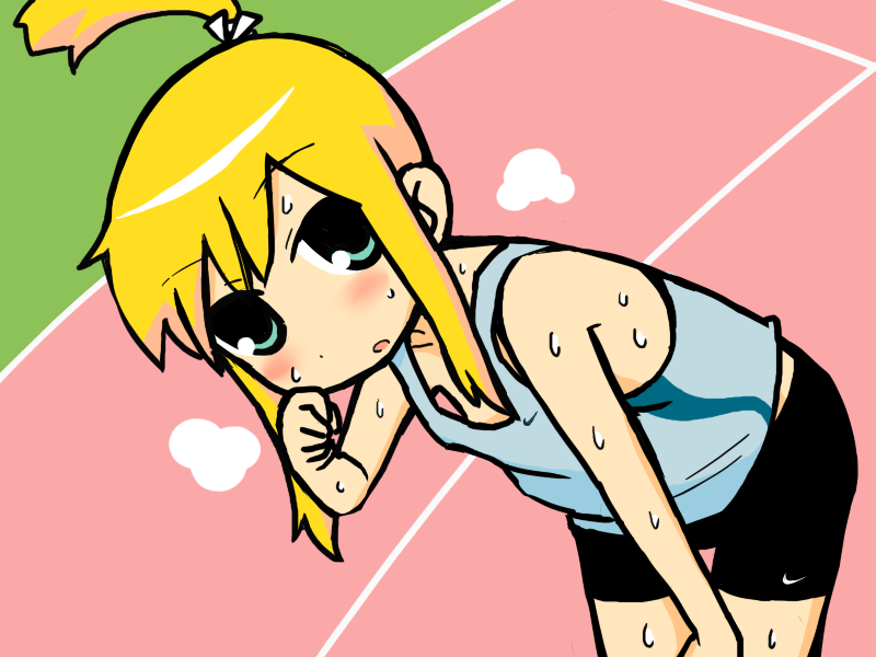 bent_over, bike_shorts, blonde_hair, blush, commentary, commentary_request, down_blouse, exhausted, green_hair, hizaki_ryuuta, hizakiryuuta, iris_(material_sniper), leaning_forward, loli, material_sniper, ponytail, short_hair, sleeveless_shirt, smoke, solo, standing, steam, sweat, tired, track, track_and_field