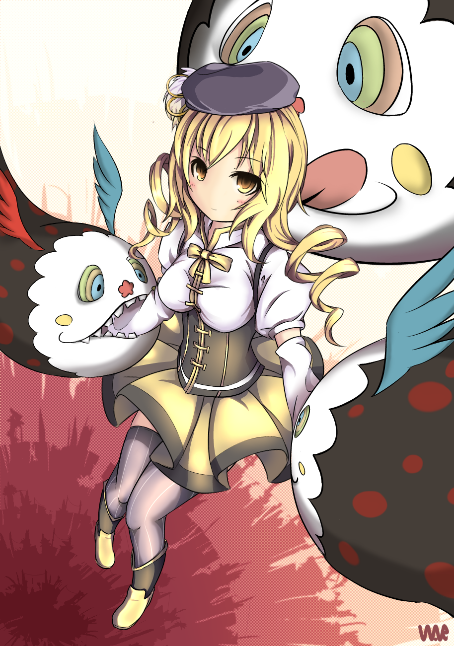 beret, blonde_hair, charlotte_(madoka_magica), corset, drill_hair, eating, hat, highres