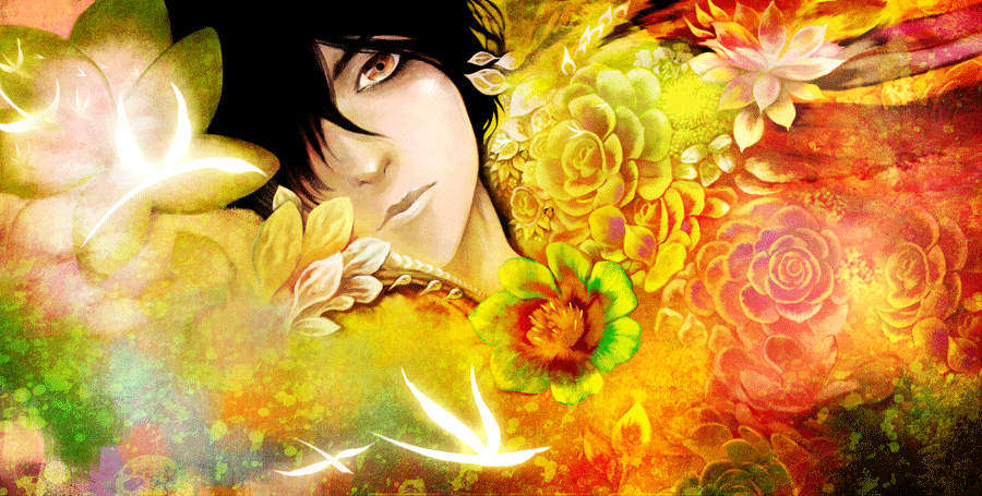 artist_request, black_hair, flower, hair_over_one_eye, head, orange_eyes, original, traditional_media