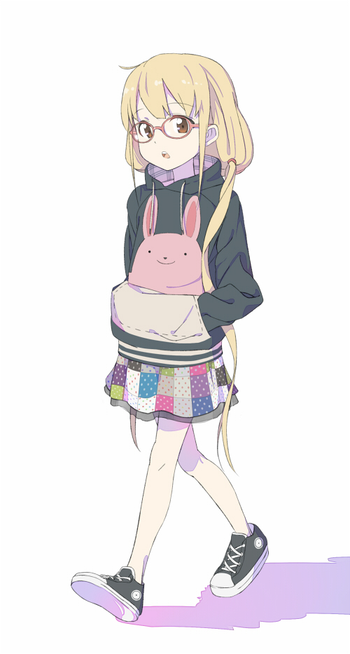 bespectacled, blonde_hair, brown_eyes, casual, futaba_anzu, glasses, hands_in_pockets, hoodie, idolmaster, idolmaster_cinderella_girls, long_hair, open_mouth, red-framed_glasses, shoes, skirt, sneakers, solo, stuffed_animal, stuffed_bunny, stuffed_toy, tt_(poposujp), twintails, very_long_hair, walking