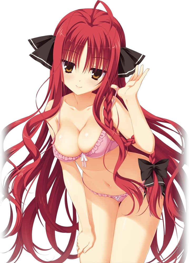 ahoge, artist_request, bow, bra, braid, breasts, brown_eyes, cleavage