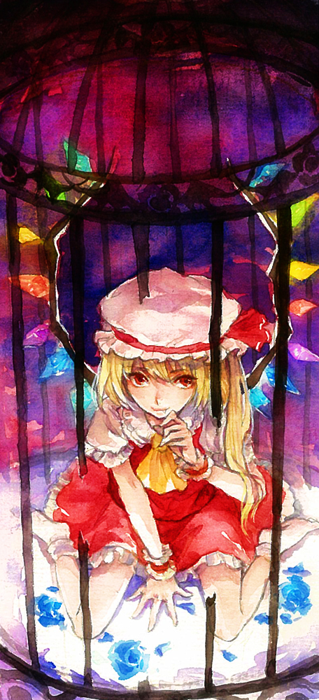 ascot, blonde_hair, blue_rose, blush, cage, fang, flandre_scarlet, flower