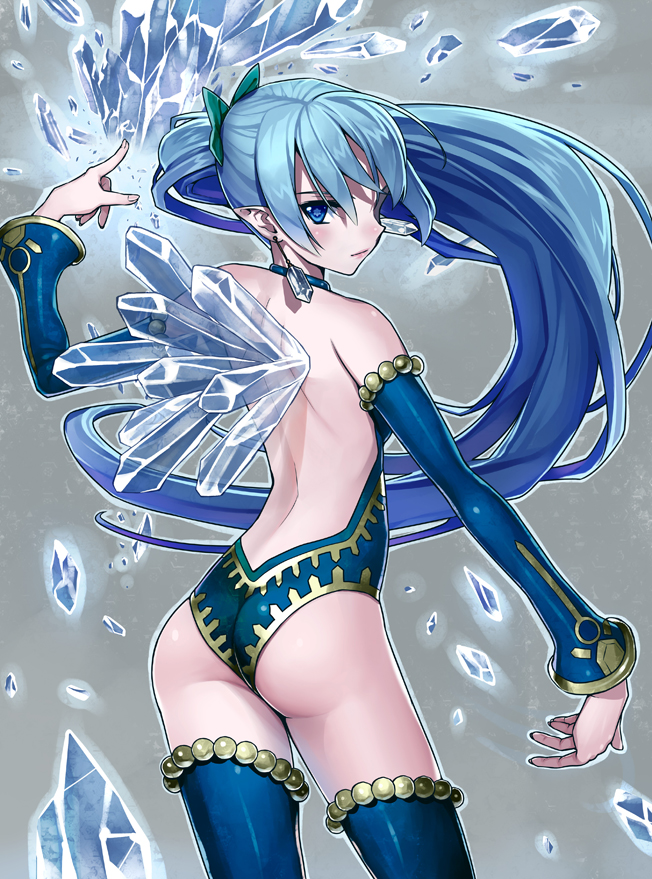 ass, back, bare_shoulders, blue_eyes, blue_hair, blue_legwear, choker, detached_sleeves