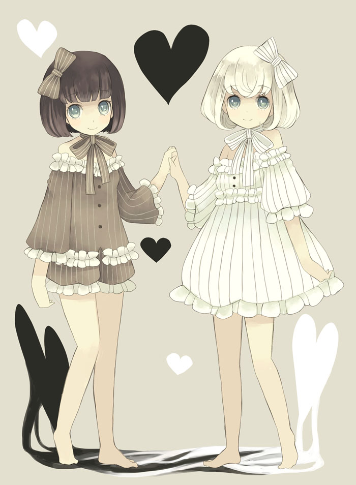 black_vs_white, hand_holding, heart, holding_hands, looking_at_viewer, mitsutoki, multiple_girls, original