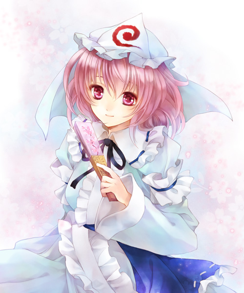 breasts, cherry_blossoms, closed_fan, fan, folding_fan, japanese_clothes, petals, pink_eyes