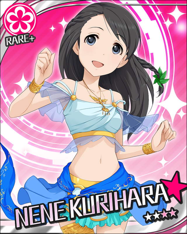 black_hair, bracelet, character_name, flower, idolmaster, idolmaster_cinderella_girls, jewelry, jpeg_artifacts, kurihara_nene, long_hair, necklace, official_art, smile, star