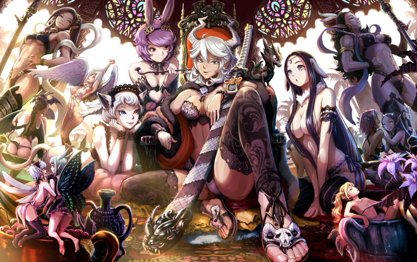 animal_ears, apron, ass, bare_shoulders, barefoot, black_hair, black_legwear, blonde_hair, blue_eyes, braid, breasts, bunny_ears, cat_ears, cat_tail, censor_hair, censored, convenient_censoring, cup, demon_girl, demon_tail, demon_wings, dog_ears, dragon, earrings, elbow_gloves, fairy, fairy_wings, fang, feet, foreshortening, gloves, green_eyes, hair_stick, haitaka, head_fins, head_wings, heterochromia, highres, horns, in_container, in_cup, jewelry, katana, kiseru, large_breasts, long_hair, minigirl, multiple_girls, naked_apron, navel, nude, original, panties, pipe, pointy_ears, ponytail, purple_hair, red_eyes, ring, shawl, short_hair, smile, striped, striped_panties, sword, tail, thigh-highs, thighhighs, throne, topless, underwear, vertical-striped_legwear, vertical_stripes, weapon, white_hair, wings, yellow_eyes