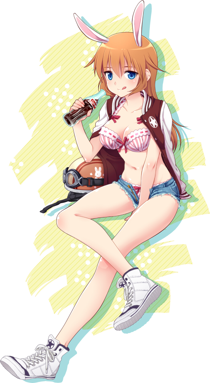 :q, animal_ears, blue_eyes, bottle, bow, bow_panties, bra, breasts