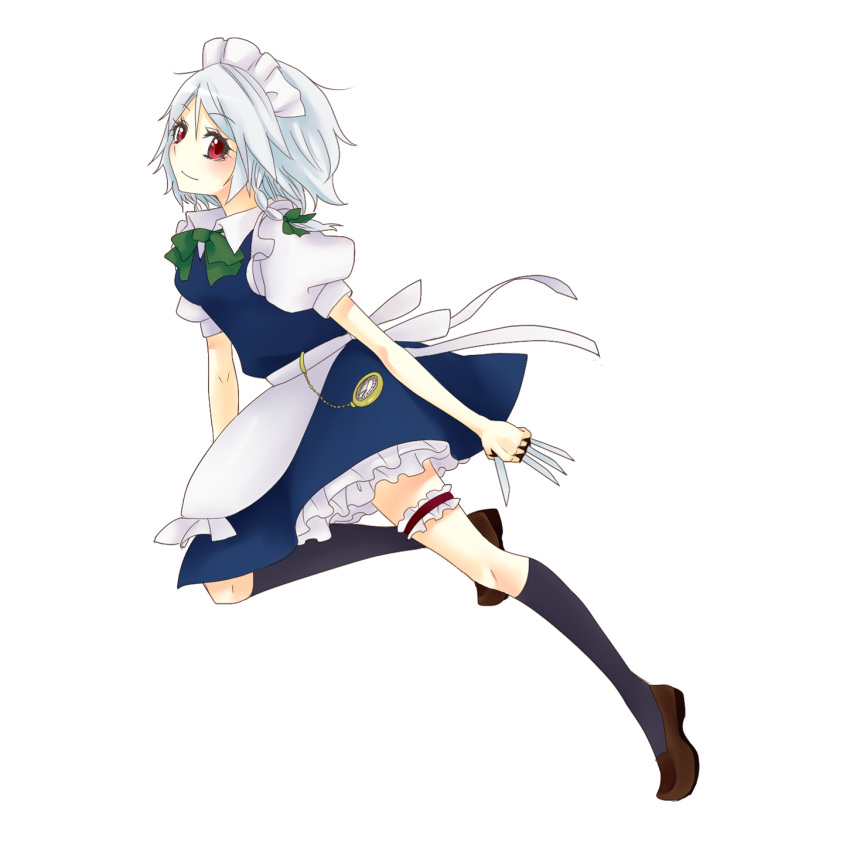 highres, izayoi_sakuya, kneehighs, knife, light_smile, maid, pocket_watch, sakuya_izayoi