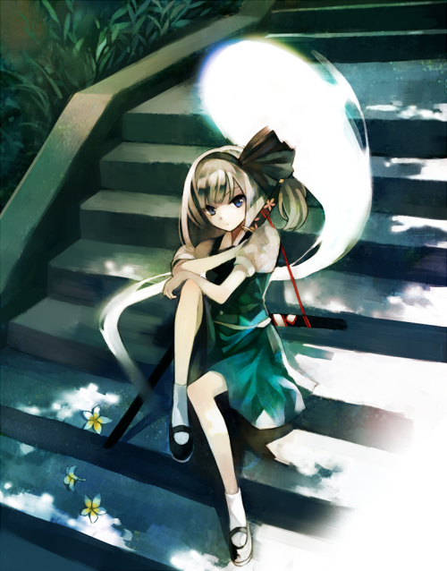 blue_eyes, dress_shirt, flower, ghost, hairband, hitodama, katana, konpaku_youmu