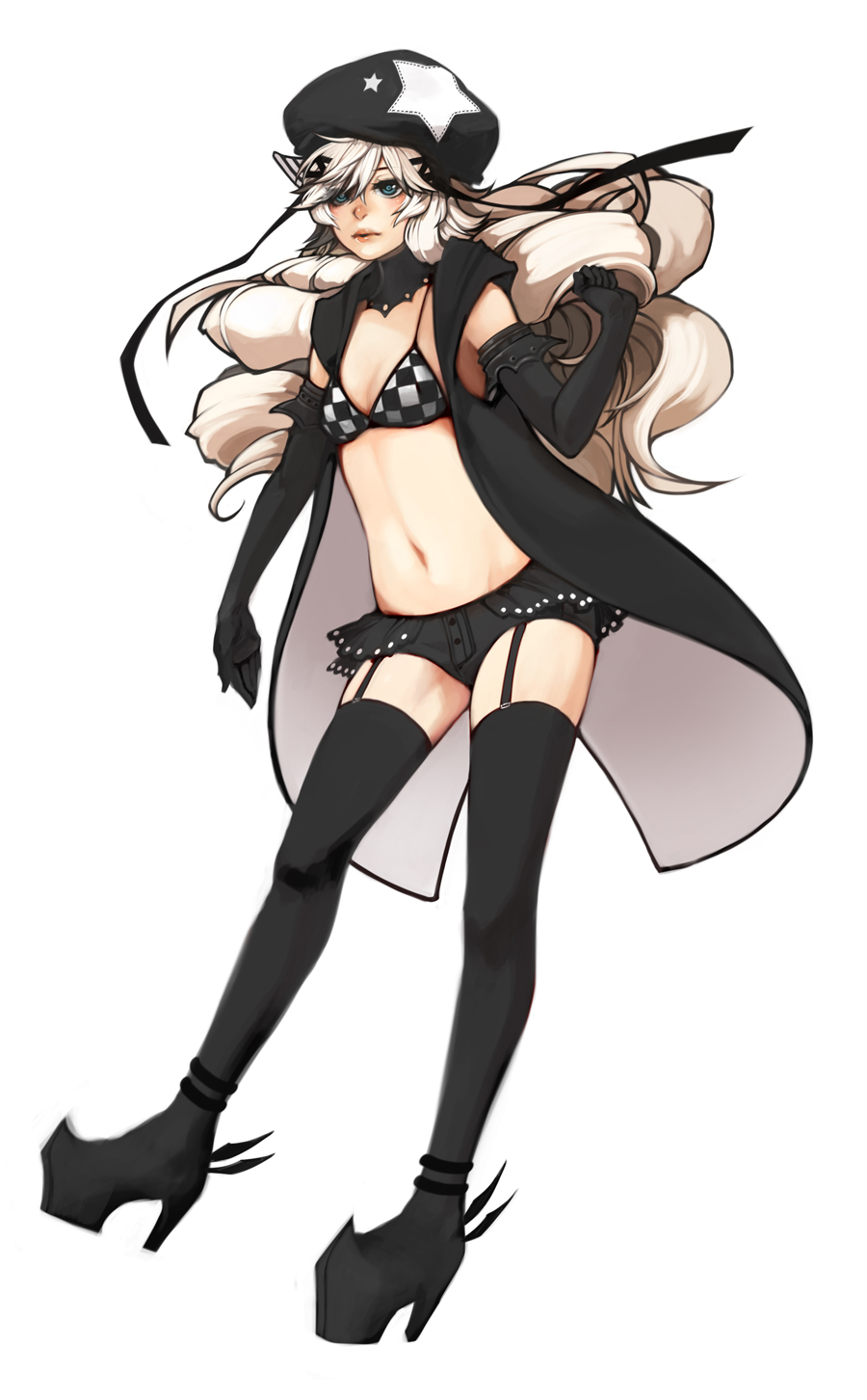 beret, big_hair, bikini, bikini_top, black_legwear, blue_eyes, camille_myriad_zentreza, checkered