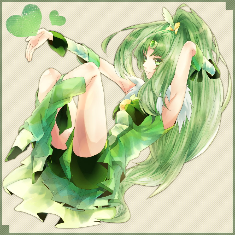 boots, bowtie, circlet, cure_march, dress, green_background, green_dress, green_eyes, green_hair, green_motif, heart, long_hair, looking_off_side, midorikawa_nao, outstretched_hand, precure, shorts_under_skirt, simple_background, smile, smile_precure!, solo, spats, thighs, tiara, tri_tails, very_long_hair, wrist_cuffs, yokomori_(mokoyo)