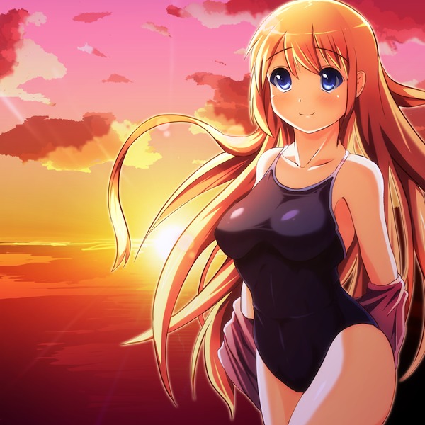 beach, cloud, long_hair, ocean, one-piece_swimsuit, orange_hair, original, school_swimsuit