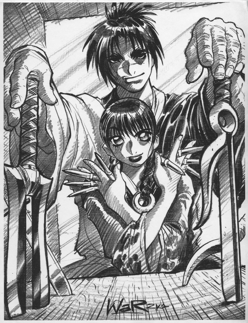 age_difference, asano_rin, asymmetrical_clothes, asymmetrical_clothing, black_hair, blade_of_the_immortal, hands, height_difference