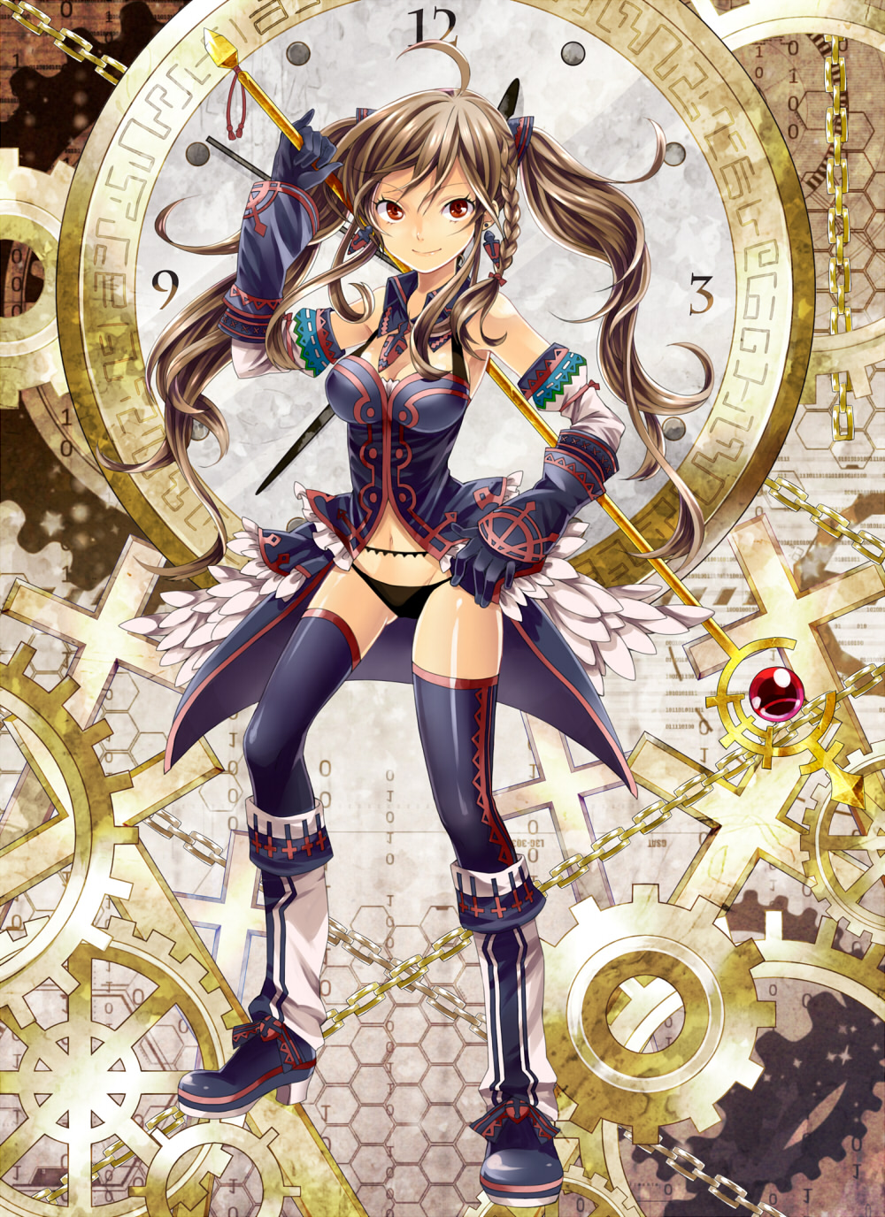 ahoge, bad_id, bare_shoulders, boots, brown_hair, chain, chains, earrings