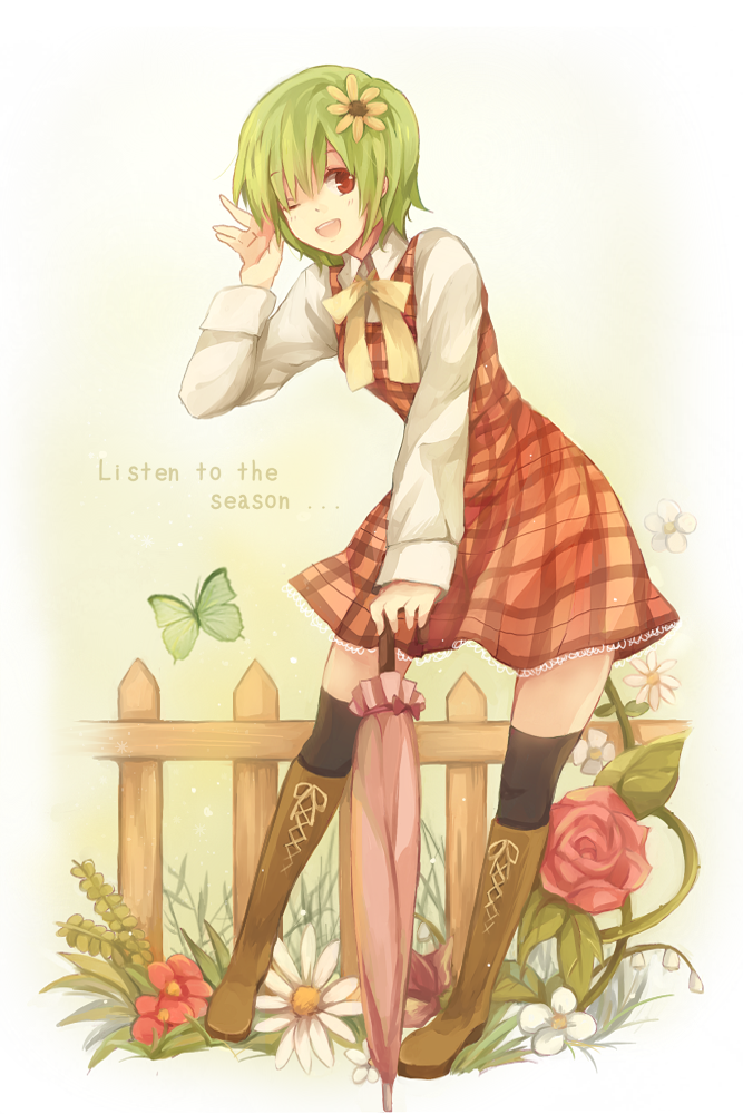 arm_up, bad_id, black_legwear, boots, bow, butterfly, cranio, fence, flower, green_hair, hair_flower, hair_ornament, hand_in_hair, kazami_yuuka, kneehighs, open_mouth, red_eyes, red_rose, rose, shirt, short_hair, skirt, skirt_set, smile, solo, thigh-highs, thighhighs, touhou, umbrella, vest, wink, youkai, zettai_ryouiki