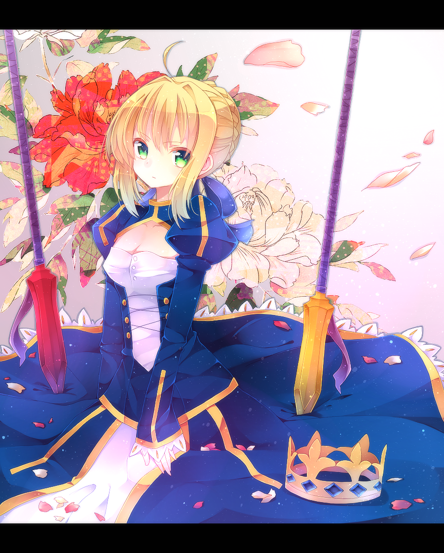 ahoge, ajuvyrvosjfj, blonde_hair, cleavage_cutout, crown, dress, fate/zero, fate_(series)