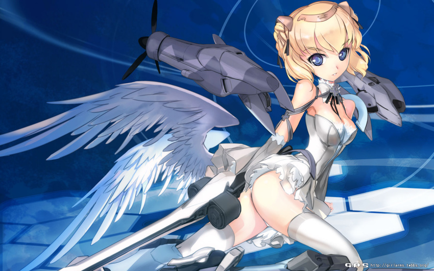bare_shoulders, breasts, cleavage, do_335, gun, hexagon, highres, iron_cross, mecha_musume, military, original, parted_lips, personification, solo, thigh-highs, thighhighs, tiara, weapon, white_legwear, wings, world_war_ii, zeco