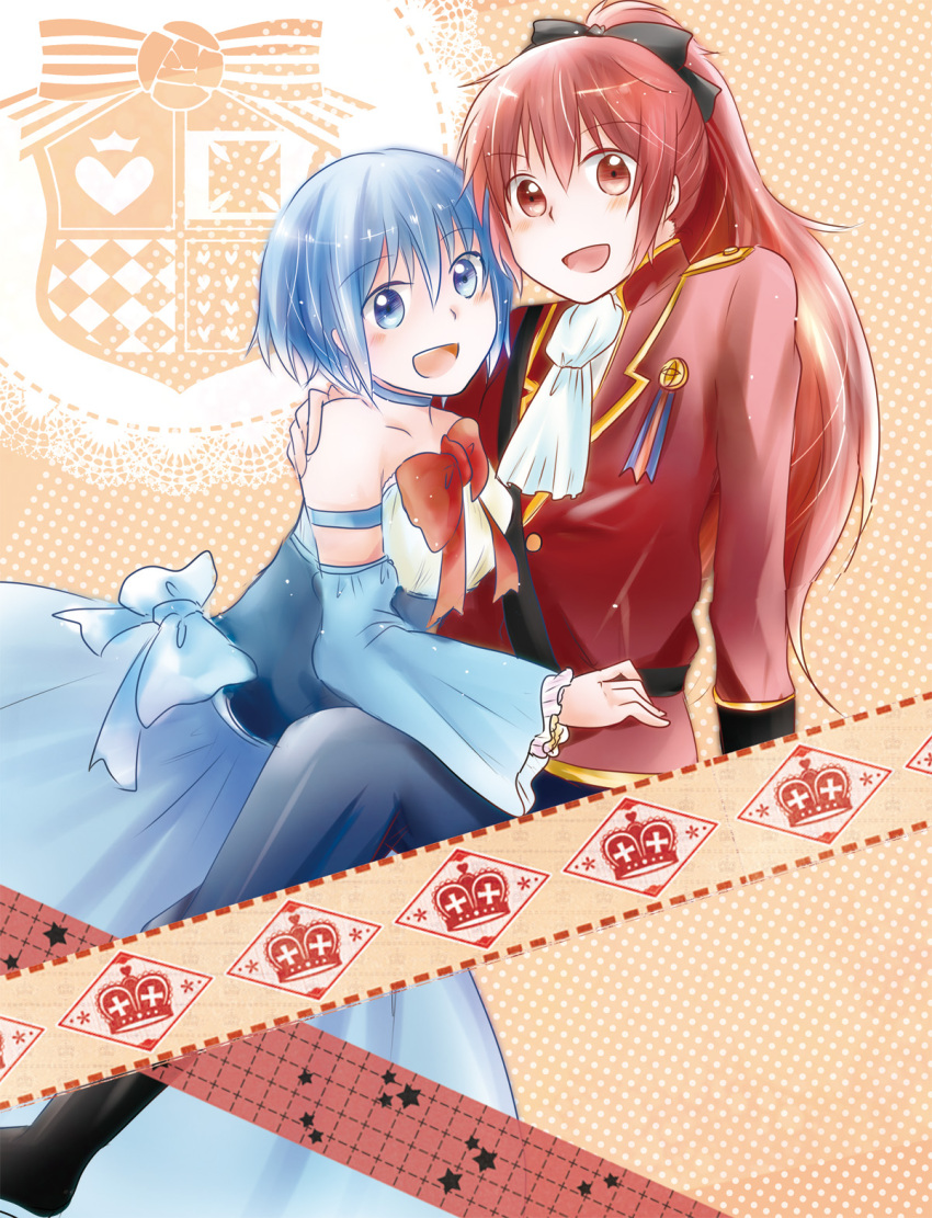 alternate_costume, bare_shoulders, blue_eyes, blue_hair, blush, cravat, detached_sleeves, dress, hair_ribbon, highres, long_hair, mahou_shoujo_madoka_magica, miki_sayaka, multiple_girls, open_mouth, ponytail, red_eyes, red_hair, redhead, ribbon, sakura_kyouko, shindo, short_hair