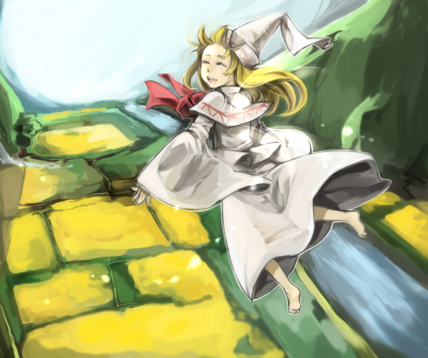 barefoot, blonde_hair, capelet, closed_eyes, eyes_closed, fairy, field, flying