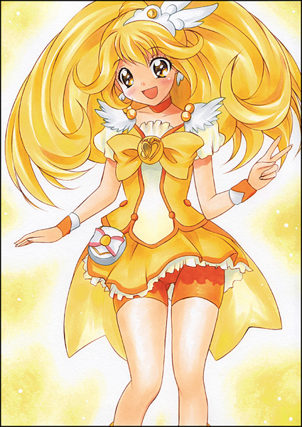 1girl, bike_shorts, blonde_hair, choker, cure_peace, kise_yayoi, magical_girl, orange_bike_shorts