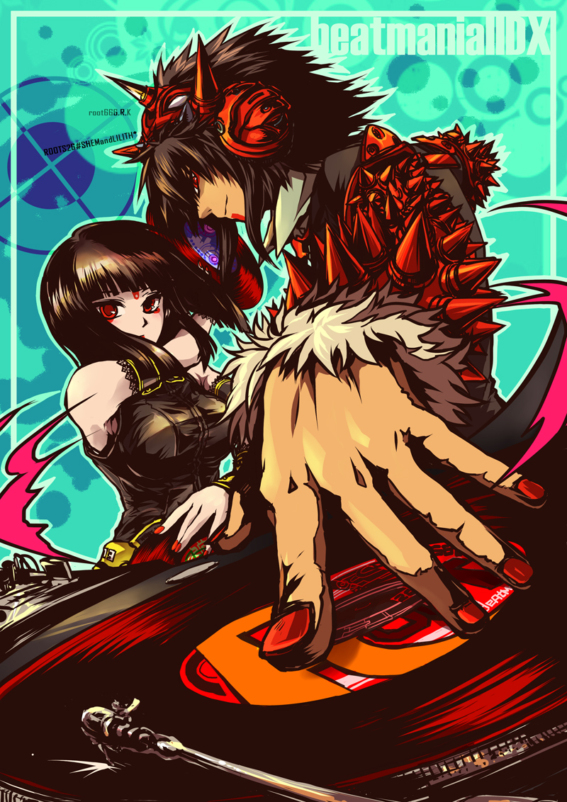artist_request, beatmania, beatmania_iidx, black_hair, headphones, hinazuki_ririna, lilith_(beatmania_iidx), nail_polish, phonograph, record, red_eyes, shem, spikes
