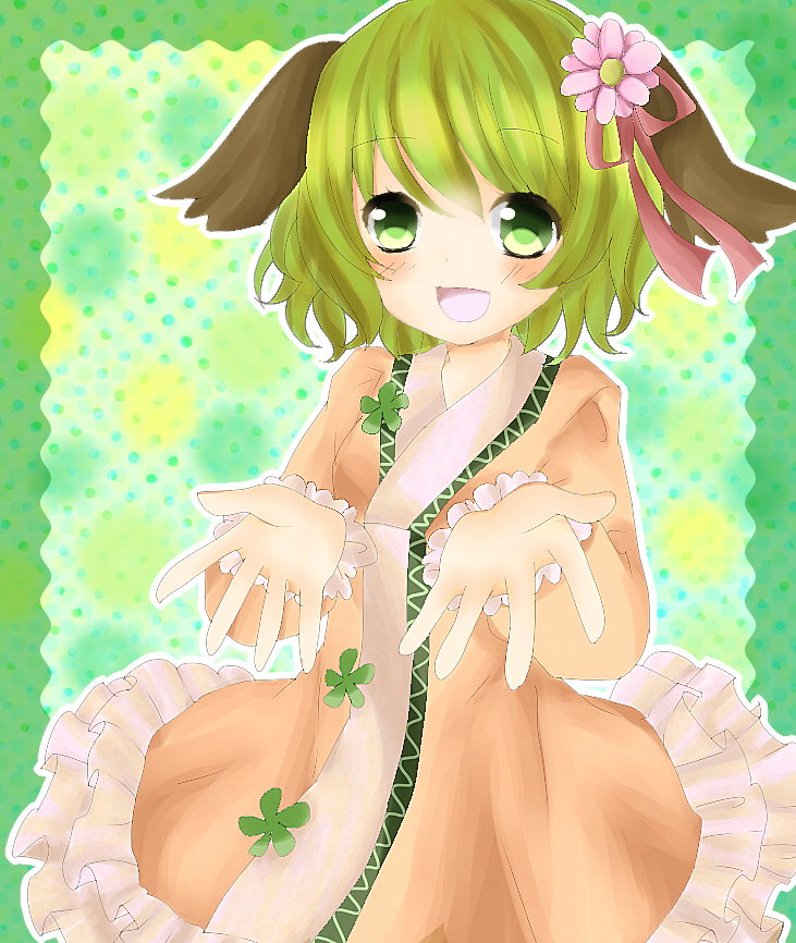 1girl, animal_ears, arms_up, border, flower, frills, green_background, green_eyes, green_hair, hair_flower, hair_ornament, hair_ribbon, kasodani_kyouko, konamonndaisuki, looking_at_viewer, open_hands, open_mouth, orange_dress, polka_dot, polka_dot_background, ribbon, short_hair, solo, touhou