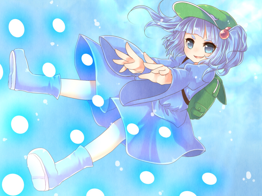 >:), backpack, bag, blue_eyes, blue_hair, danmaku, hair_bobbles, hair_ornament