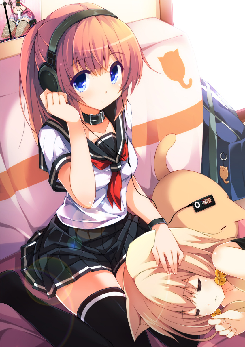 animal_ears, bag, bell, black_legwear, blonde_hair, blue_eyes, brown_hair, cat_ears