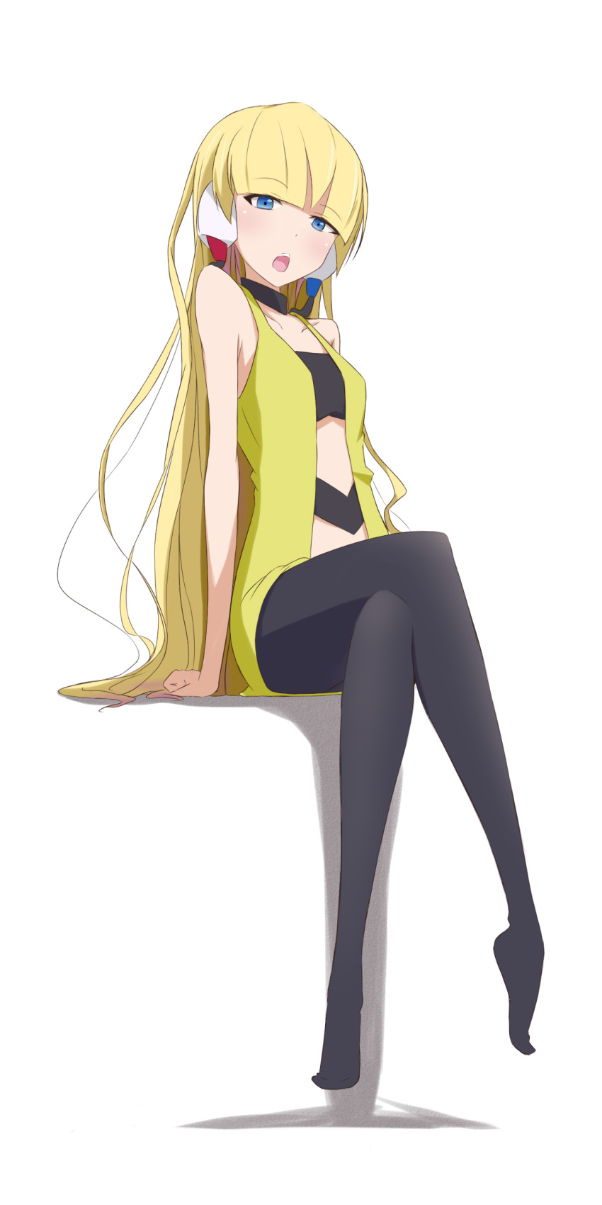 bare_shoulders, black_legwear, blonde_hair, blue_eyes, crossed_legs, highres, kamitsure_(pokemon), legs_crossed, long_hair, open_mouth, pantyhose, pokemon, pokemon_(game), pokemon_bw, sakuragawa_mionoketsu, sititng, sitting, very_long_hair