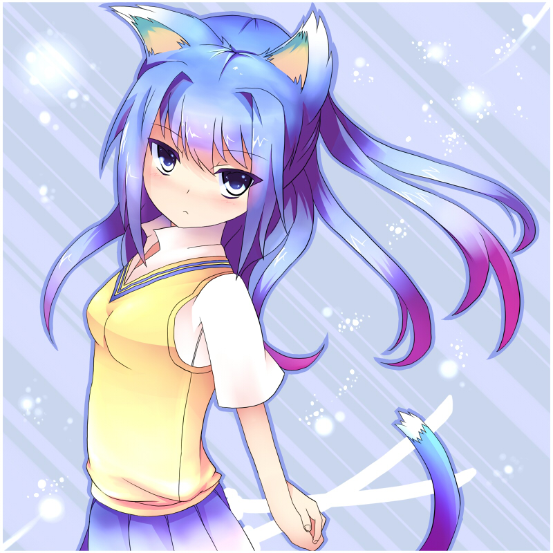 animal_ears, blue_hair, cat_ears, cat_tail, kotaka, long_hair, looking_at_viewer, solo