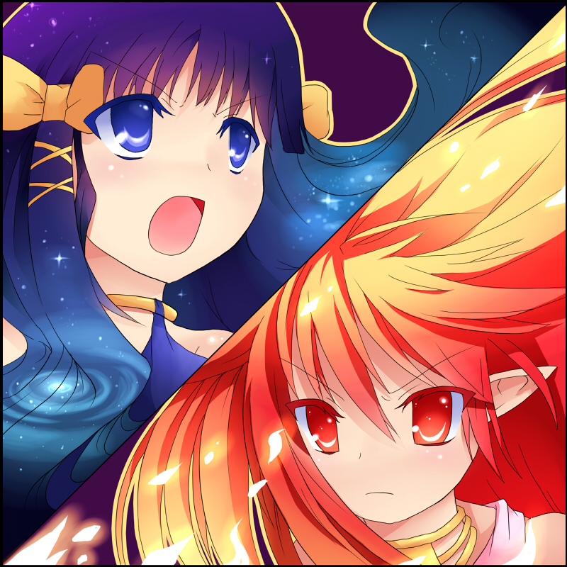 2girls, blue_eyes, blue_hair, kotaka, long_hair, multiple_girls, open_mouth, pointy_ears