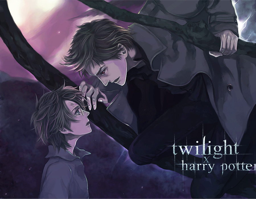 brown_hair, crossover, edward_cullen, glasses, green_eyes, harry_james_potter, harry_potter, male, numeri_(pixiv), open_mouth, red_eyes, short_hair, the_twilight_saga, tom_marvolo_riddle, yaoi