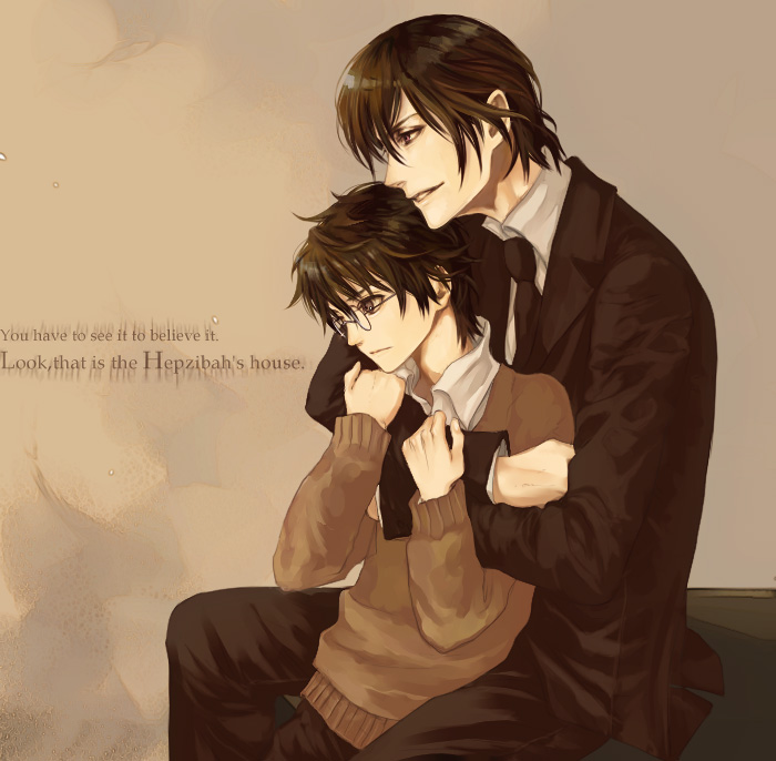 brown_hair, glasses, harry_james_potter, harry_potter, male, necktie, numeri_(pixiv), short_hair, tom_marvolo_riddle, yaoi
