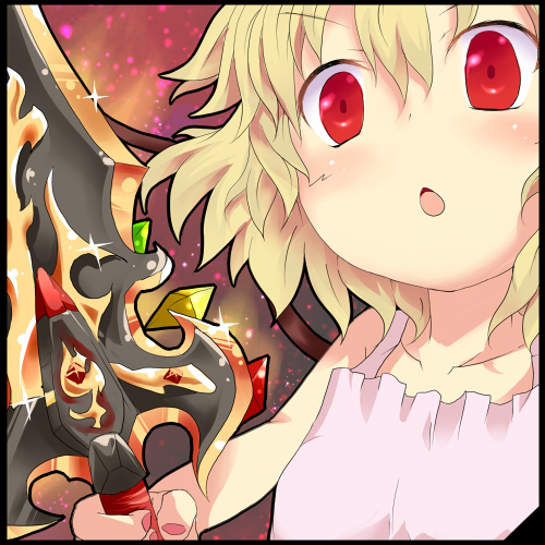 :o, blonde_hair, blush, border, flandre_scarlet, kotaka, lowres, red_eyes