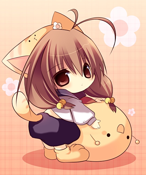 animal_ears, antenna_hair, bell, brown_eyes, brown_hair, cat_ears, child, di_gi_charat, flower, gema, official_style, paws, puchiko, sailor_collar, skrment, tail