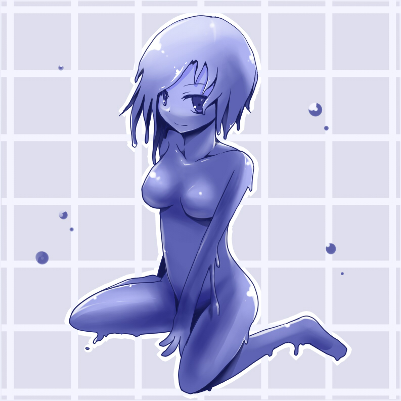 blue_eyes, blue_hair, blue_skin, breasts, goo_girl, incubus_fantasy, kotaka, monster_girl, no_nipples, short_hair, sitting, slime, slime_girl, slimegirl, smile, solo, wariza