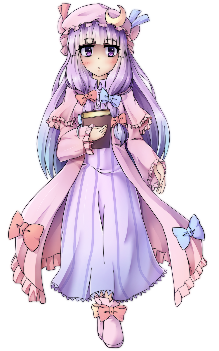bad_id, blush, book, bow, crescent, dress, hair_bow, hat