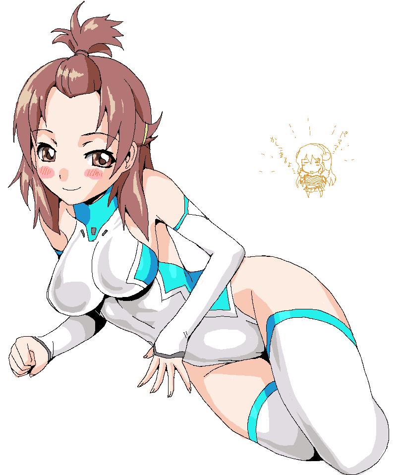 blush_stickers, bodysuit, breasts, brown_eyes, brown_hair, chibi, chibi_inset, cropped_legs