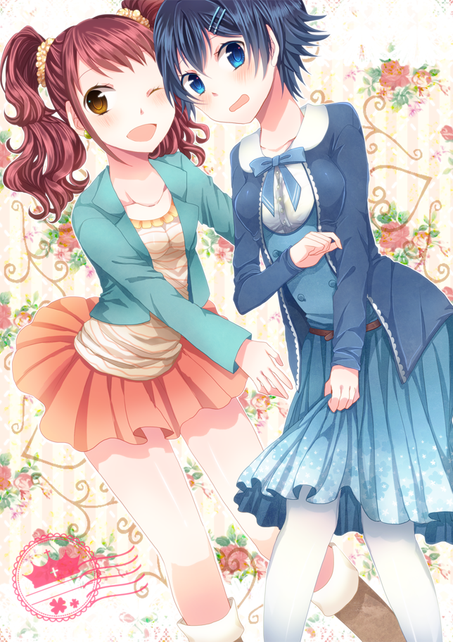 amnos18, blue_eyes, blue_hair, blush, brown_eyes, casual, dress, hair_ornament