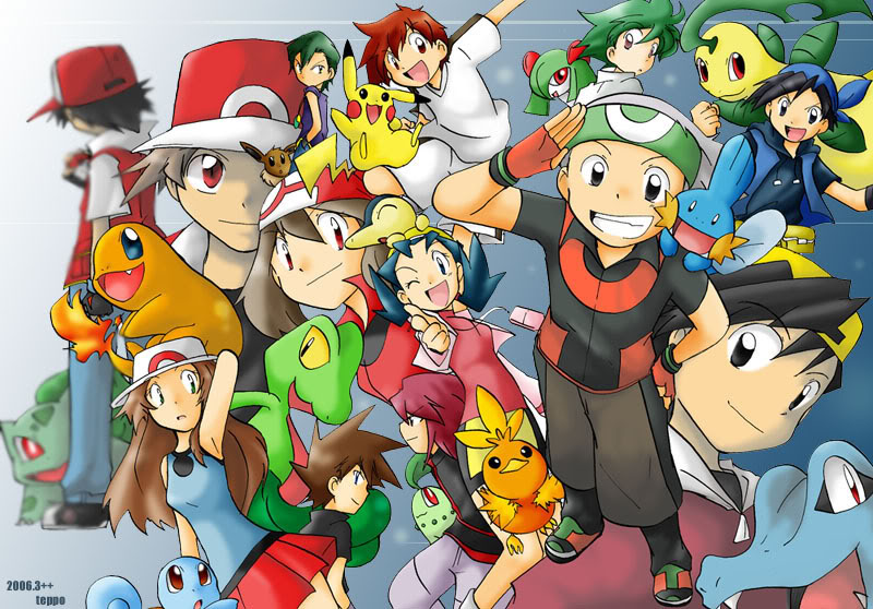 alternate_costume, bandana, bandanna, baseball_cap, bayleef, black_hair, blue_(pokemon), bulbasaur, character_request, charmander, chikorita, crystal_(pokemon), cyndaquil, dual_persona, eevee, gold_(pokemon), haruka_(pokemon), hat, kirlia, lowres, mitsuru_(pokemon), mudkip, multiple_boys, multiple_girls, odamaki_sapphire, ookido_green, open_mouth, pikachu, pokemon, pokemon_(creature), pokemon_(game), pokemon_gsc, pokemon_rgby, pokemon_rse, red_(pokemon), red_(pokemon)_(classic), red_(pokemon)_(remake), silver_(pokemon), squirtle, teppo, torchic, totodile, treecko, yuuki_(pokemon)