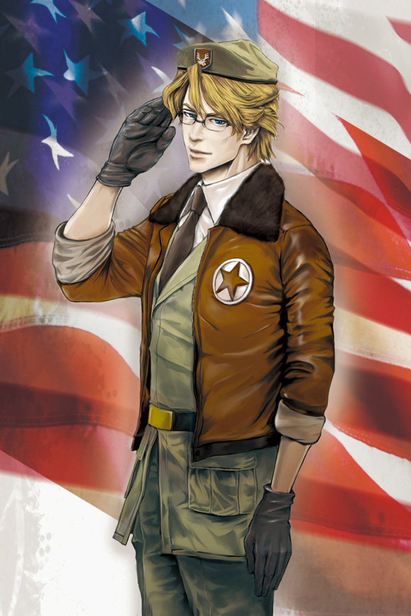 america_(hetalia), america_(hetalia)_(cosplay), american_flag, axis_powers_hetalia, bespectacled, black_gloves, blonde_hair, blue_eyes